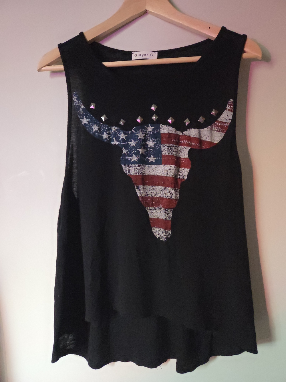 Women's Black Tank Top with American Flag Bull Skull And Stud Accents